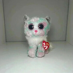 TY Silk Beanie Boos Plush OPAL the Green & Pink CAT 6" White Fluffy Tail NWT